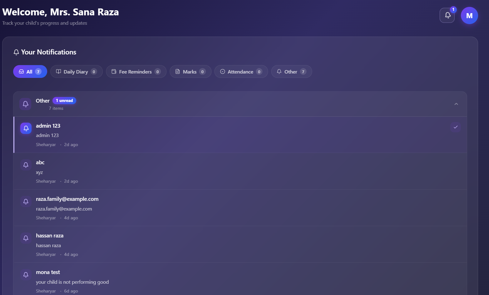 Parent notification inbox sorted by category