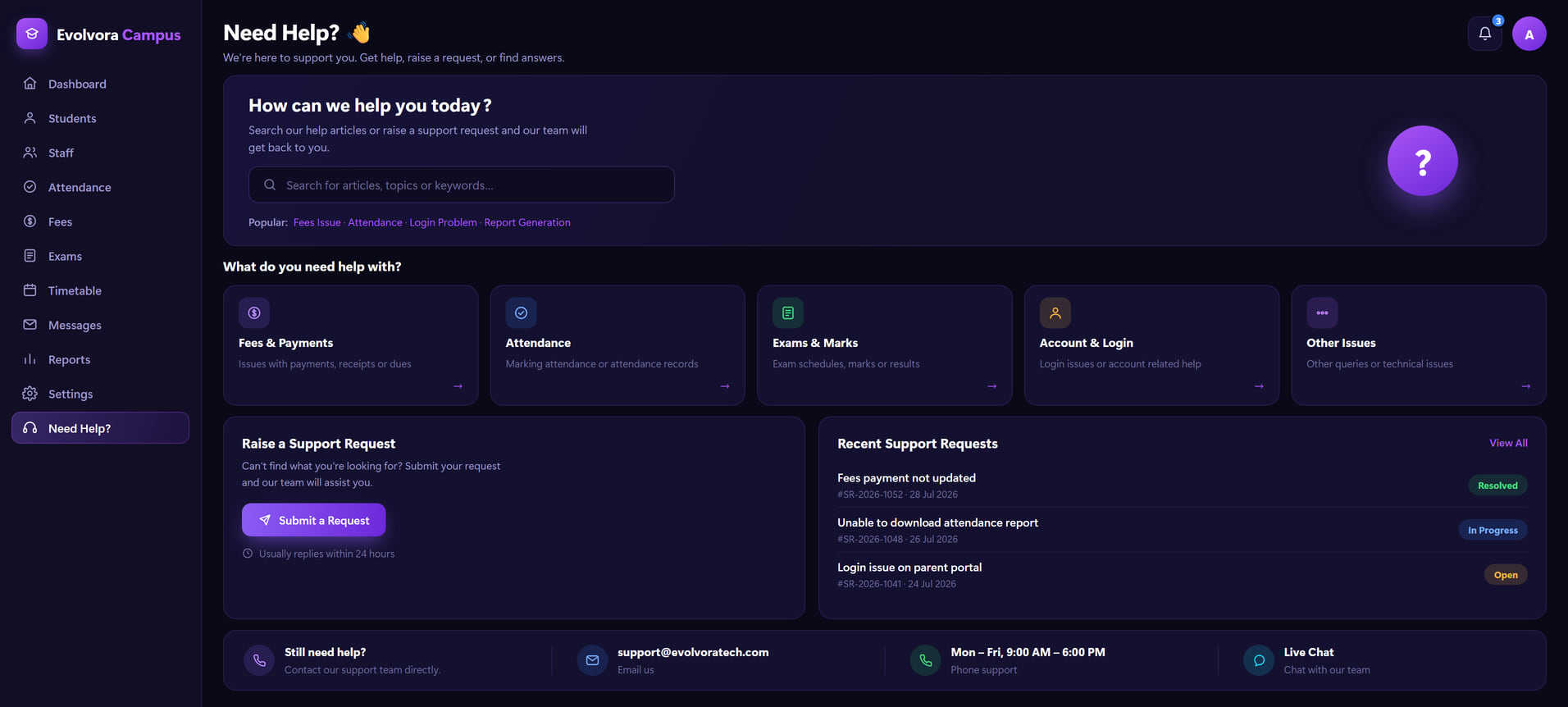In-app help centre showing search, help categories and recent support requests with their status